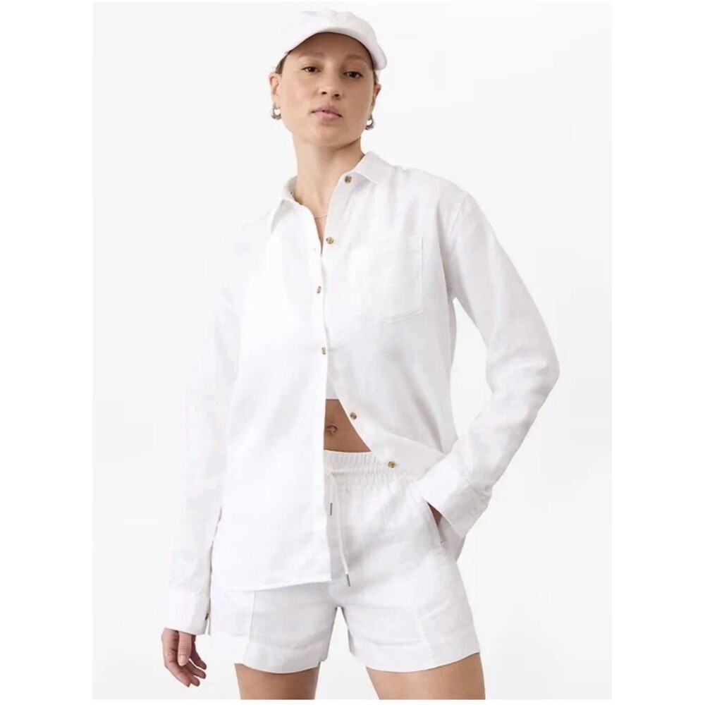 Athleta Retreat Linen Shirt Size L , Calla Lily White Shirt Button Blouse NWOT - Picture 1 of 7
